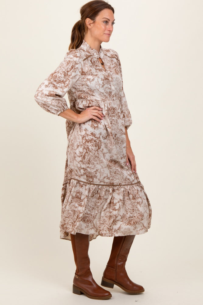 Brown Printed Split Ruffle Collar Midi Dress Brown Printed Split Ruffle Collar Midi Dress