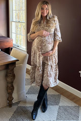 Brown Printed Split Ruffle Collar Maternity Midi Dress