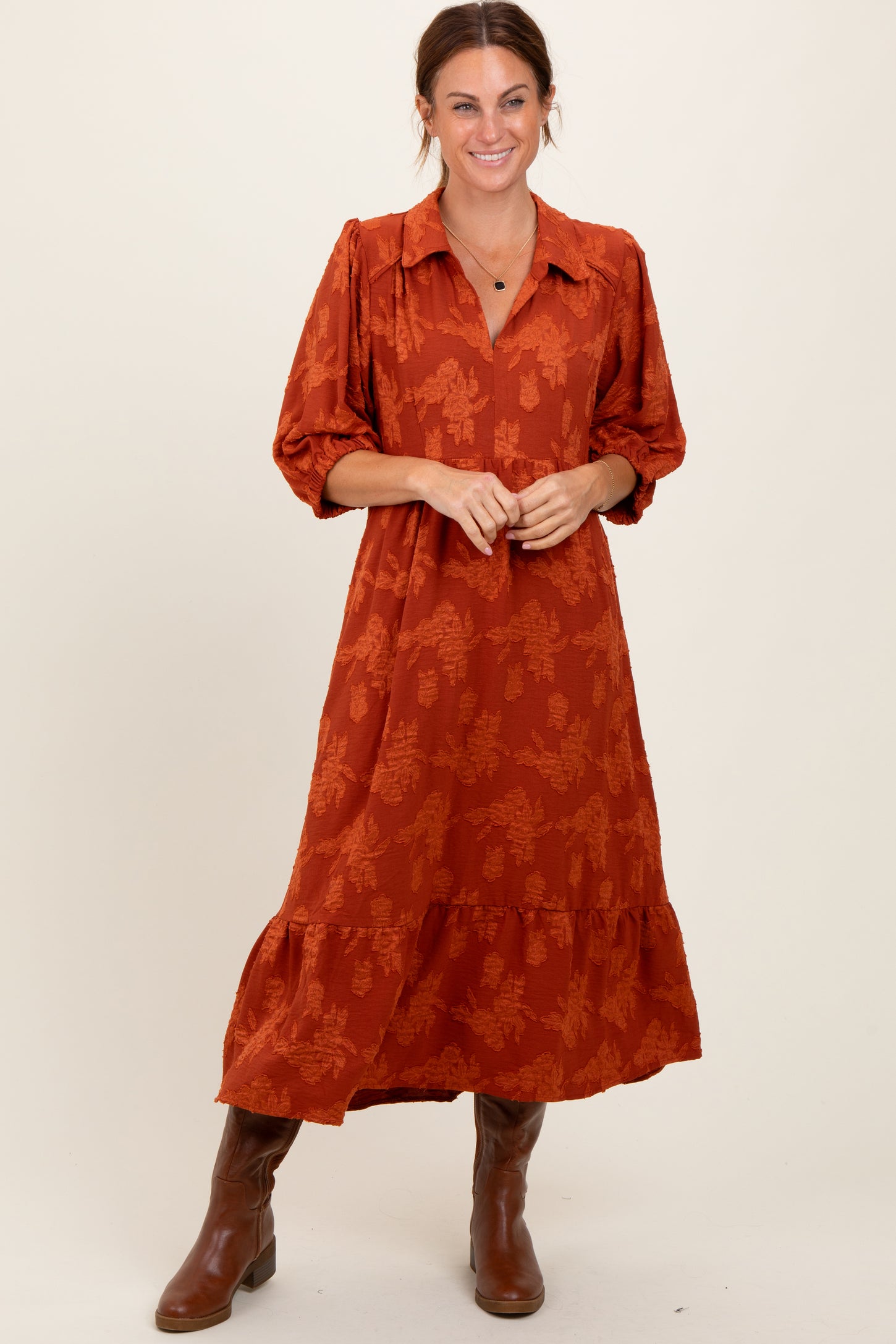 dark orange midi dress Burnt Orange Sleeveless Draped Top Ruched Skirt Midi Dress 14