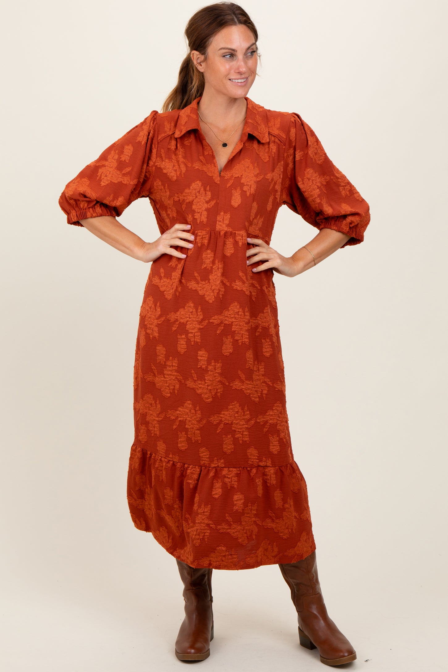 burnt orange floral dress Dark Orange Floral Applique Collared Midi Dress – PinkBlush