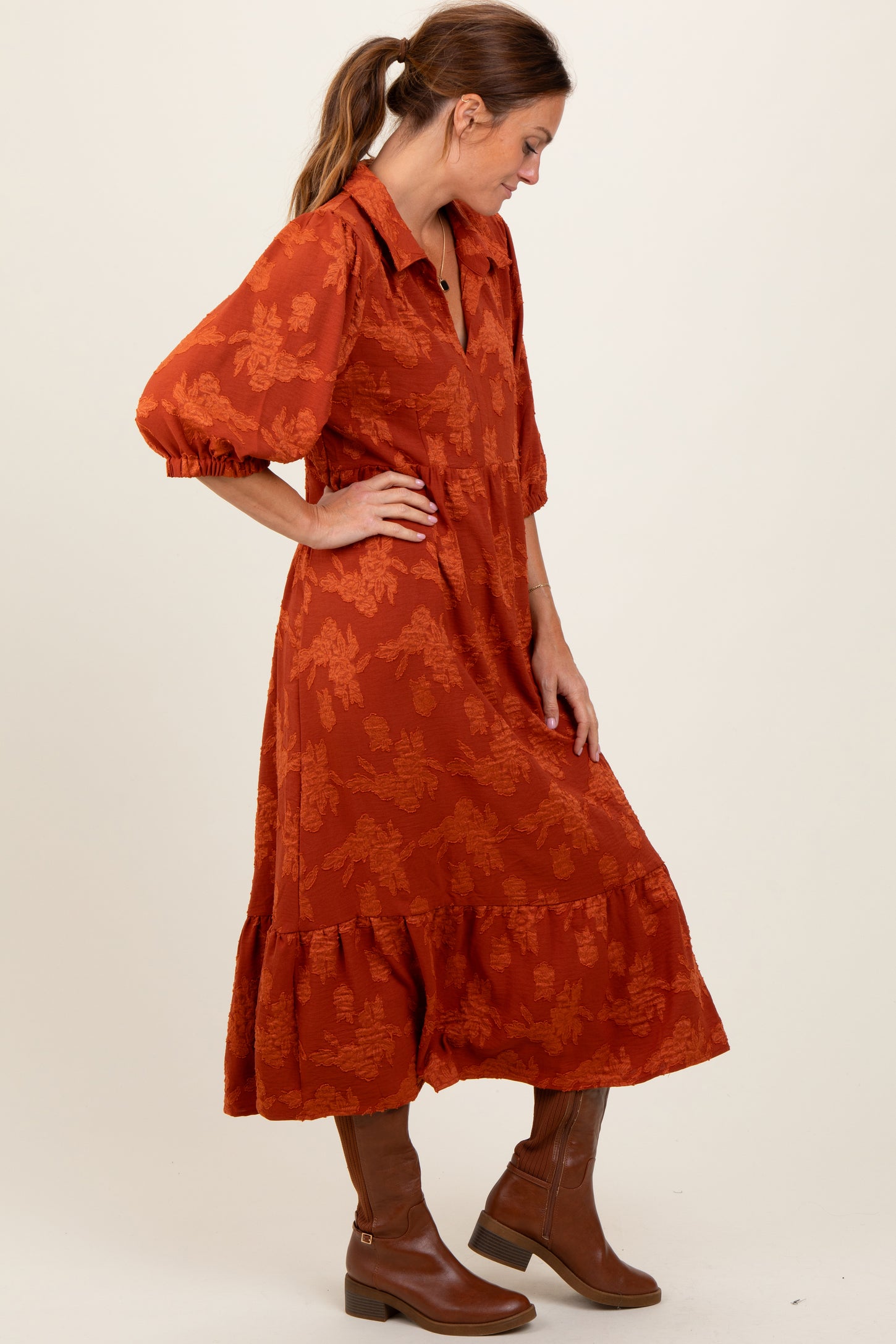 Dark Orange Floral Applique Collared Midi Dress Dark Orange Floral Applique Collared Midi Dress