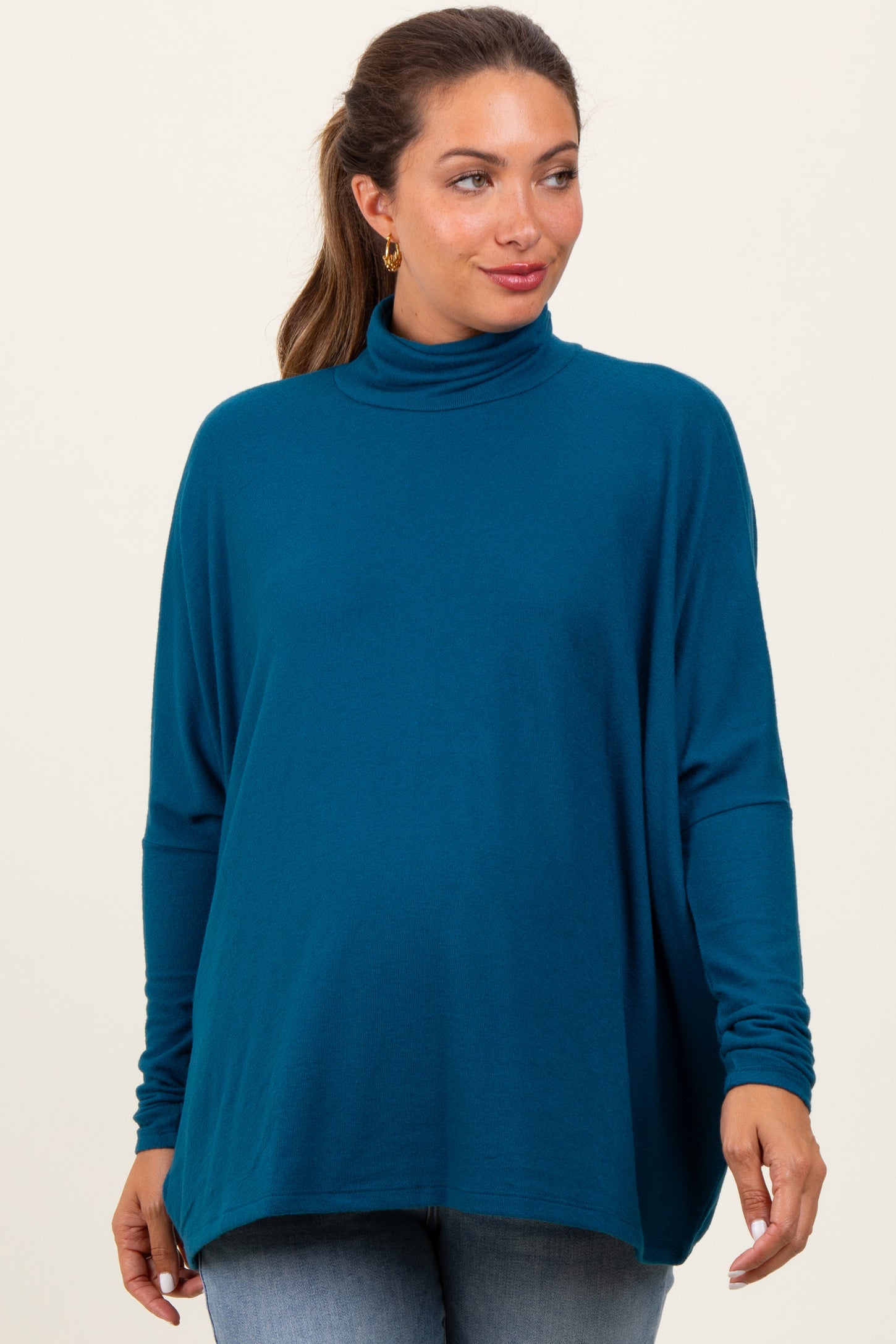 Dark Teal Brushed Knit Turtleneck Dolman Sleeve Maternity Top