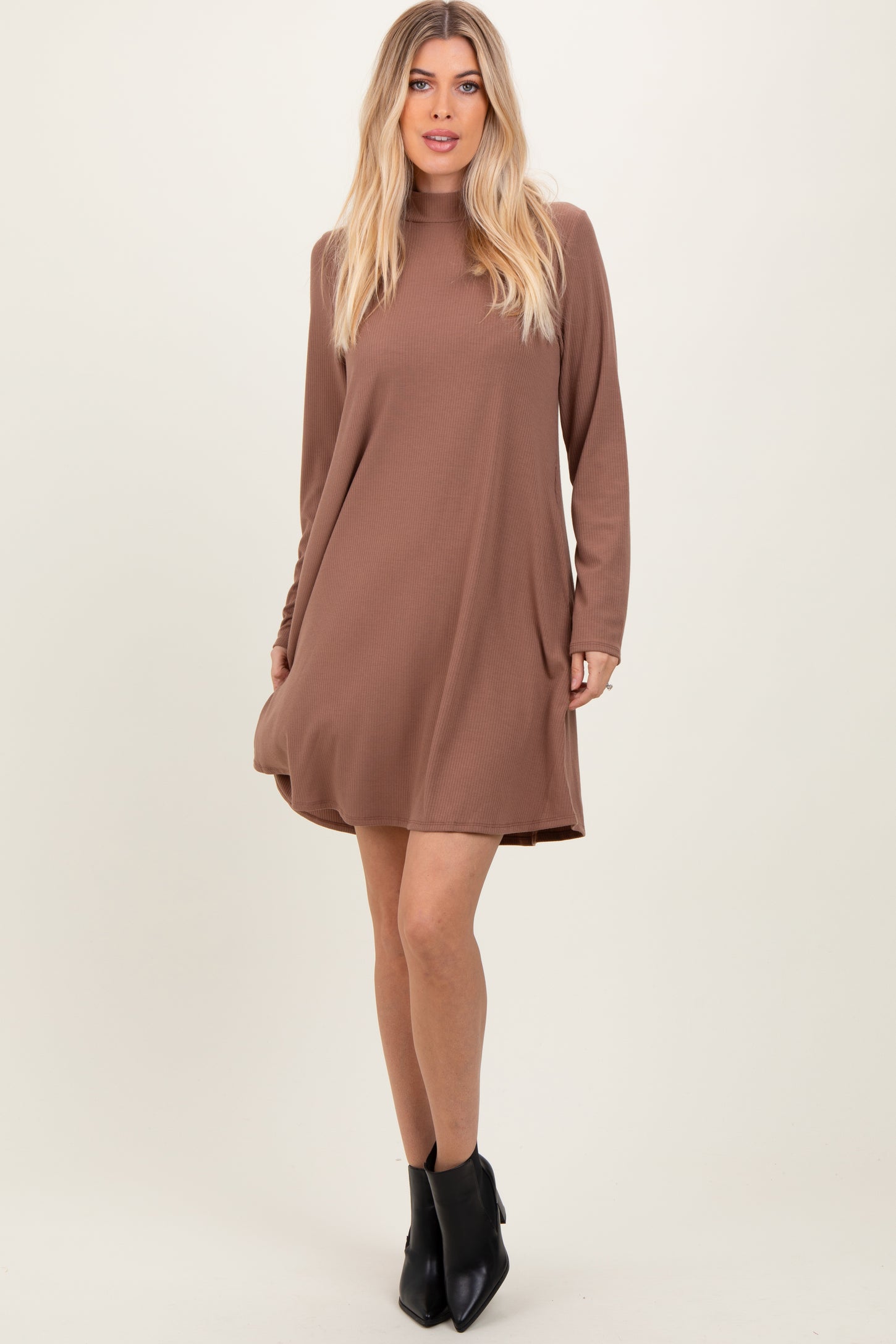 Mocha Ribbed Mock Neck Long Sleeve Basic Dress