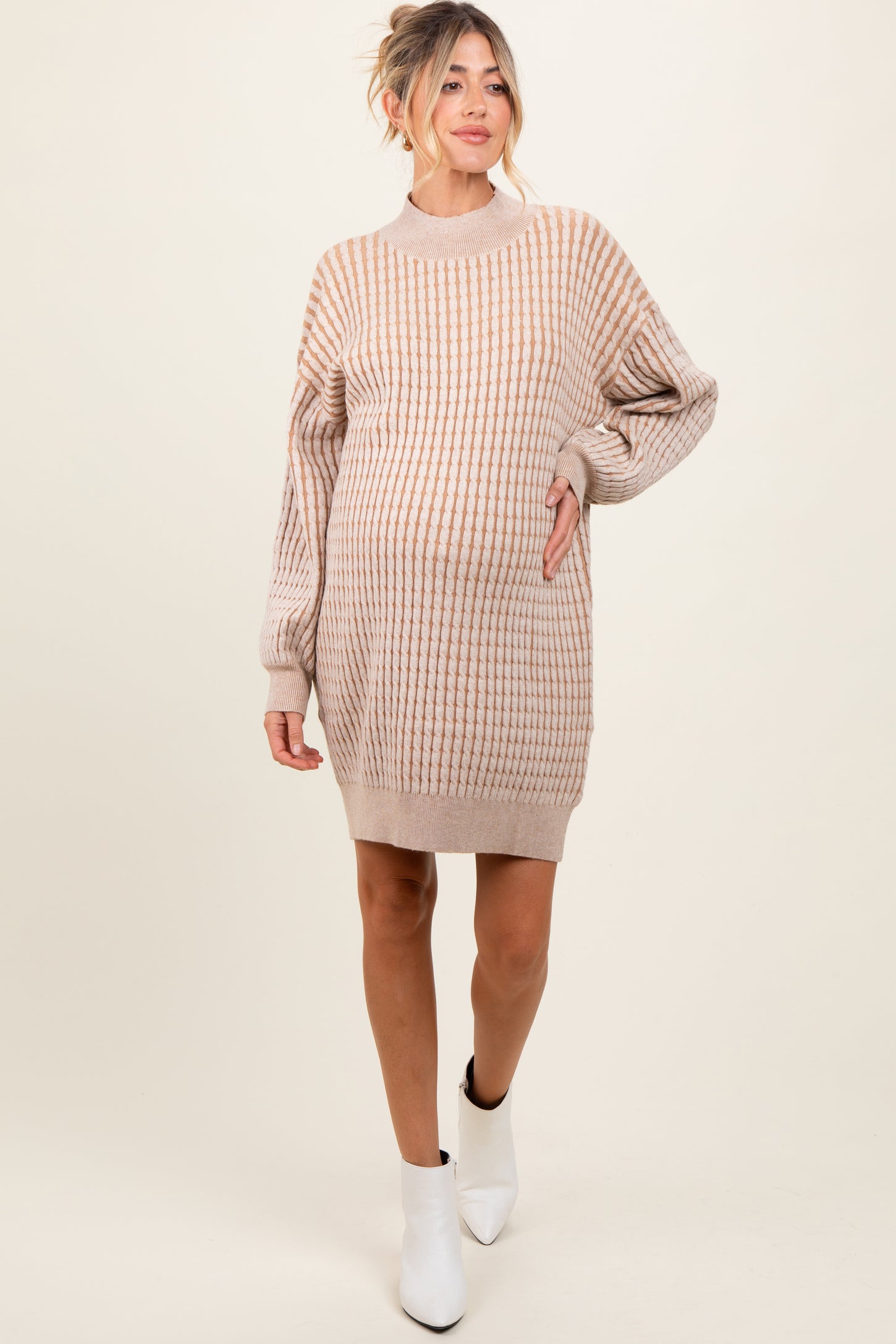Cream Mock Neck Cable Knit Maternity Sweater Dress Cream Mock Neck Cable Knit Maternity Sweater Dress