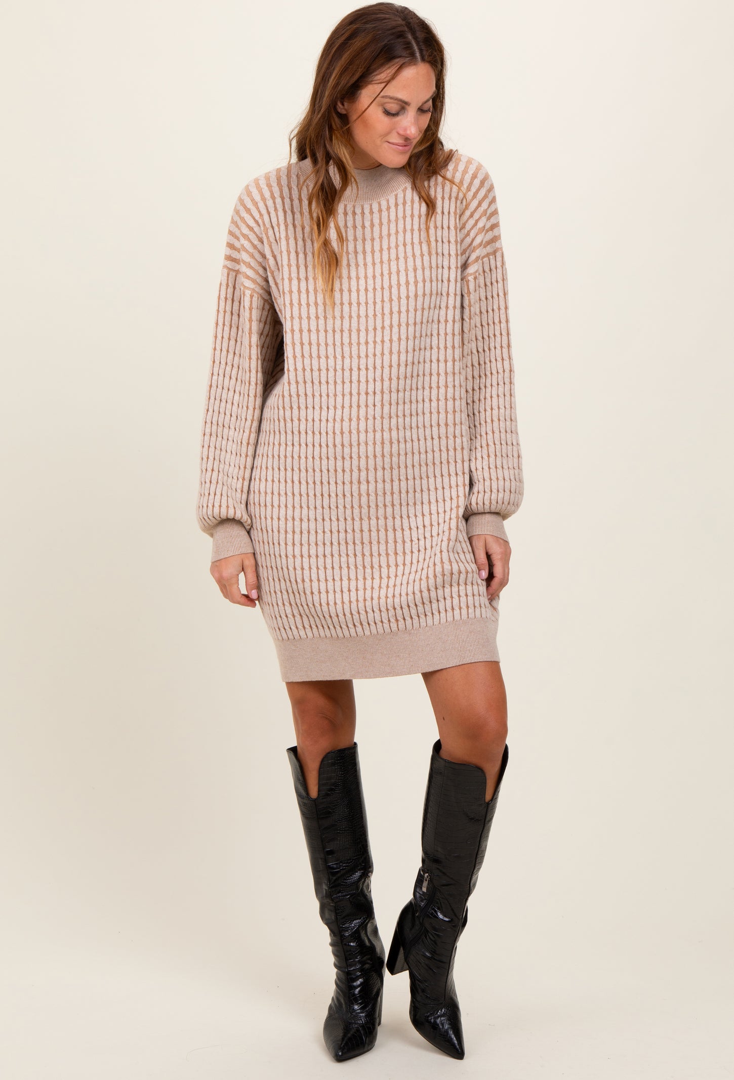 Cream Mock Neck Cable Knit Maternity Sweater Dress PinkBlush Cream Mock Neck Cable Knit Maternity Sweater Dress PinkBlush