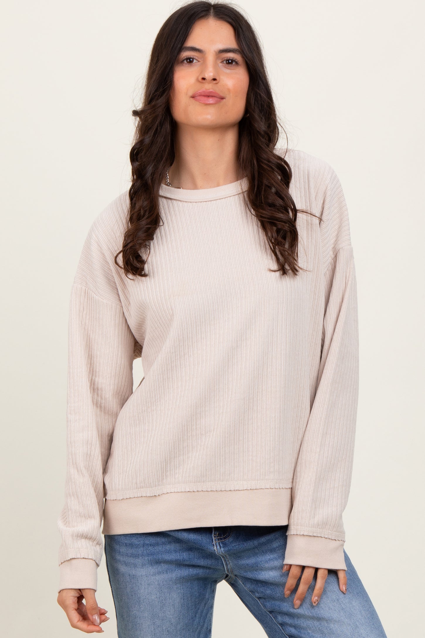 Cream Ribbed Brushed Knit Pullover Top