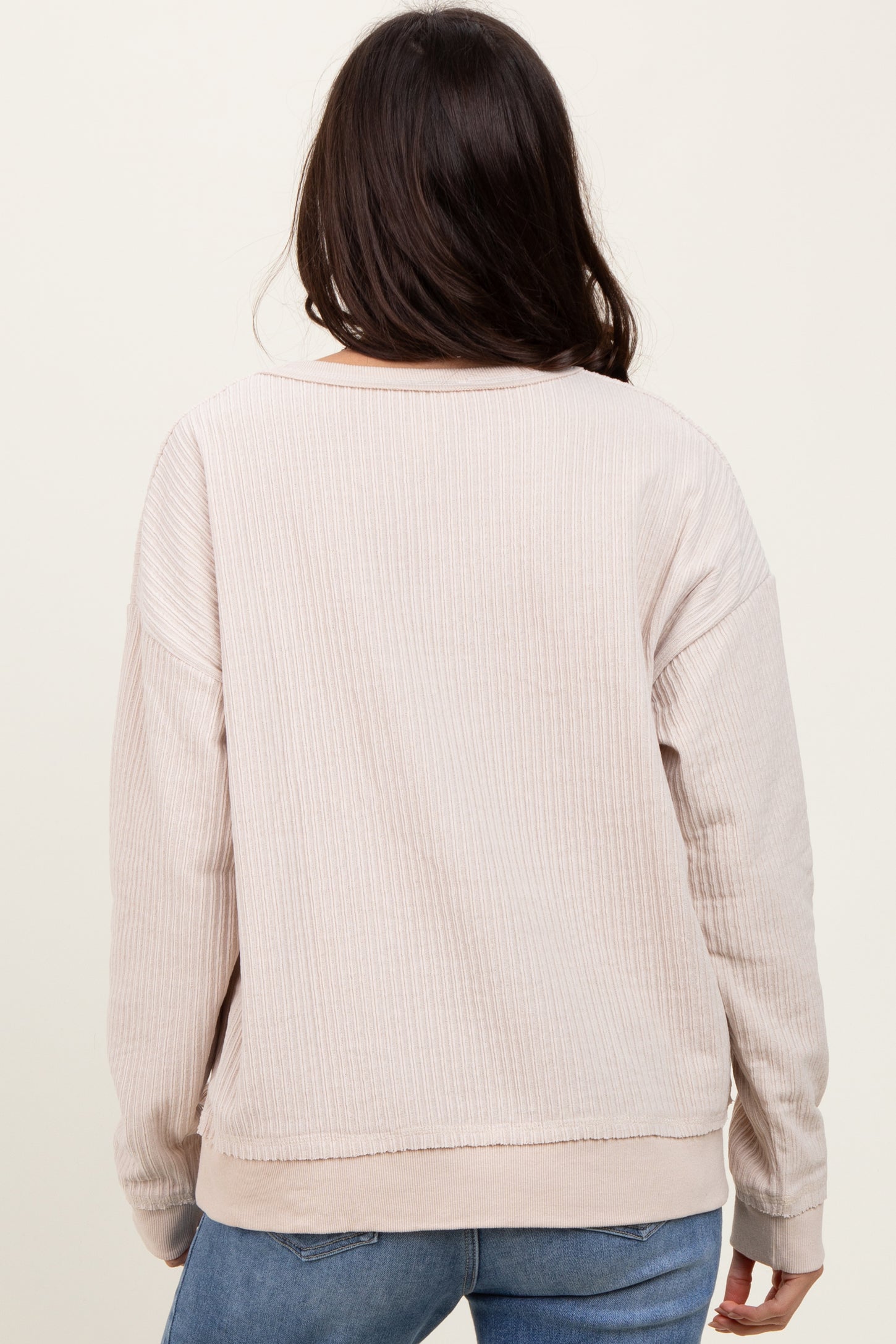 Cream Ribbed Brushed Knit Pullover Top