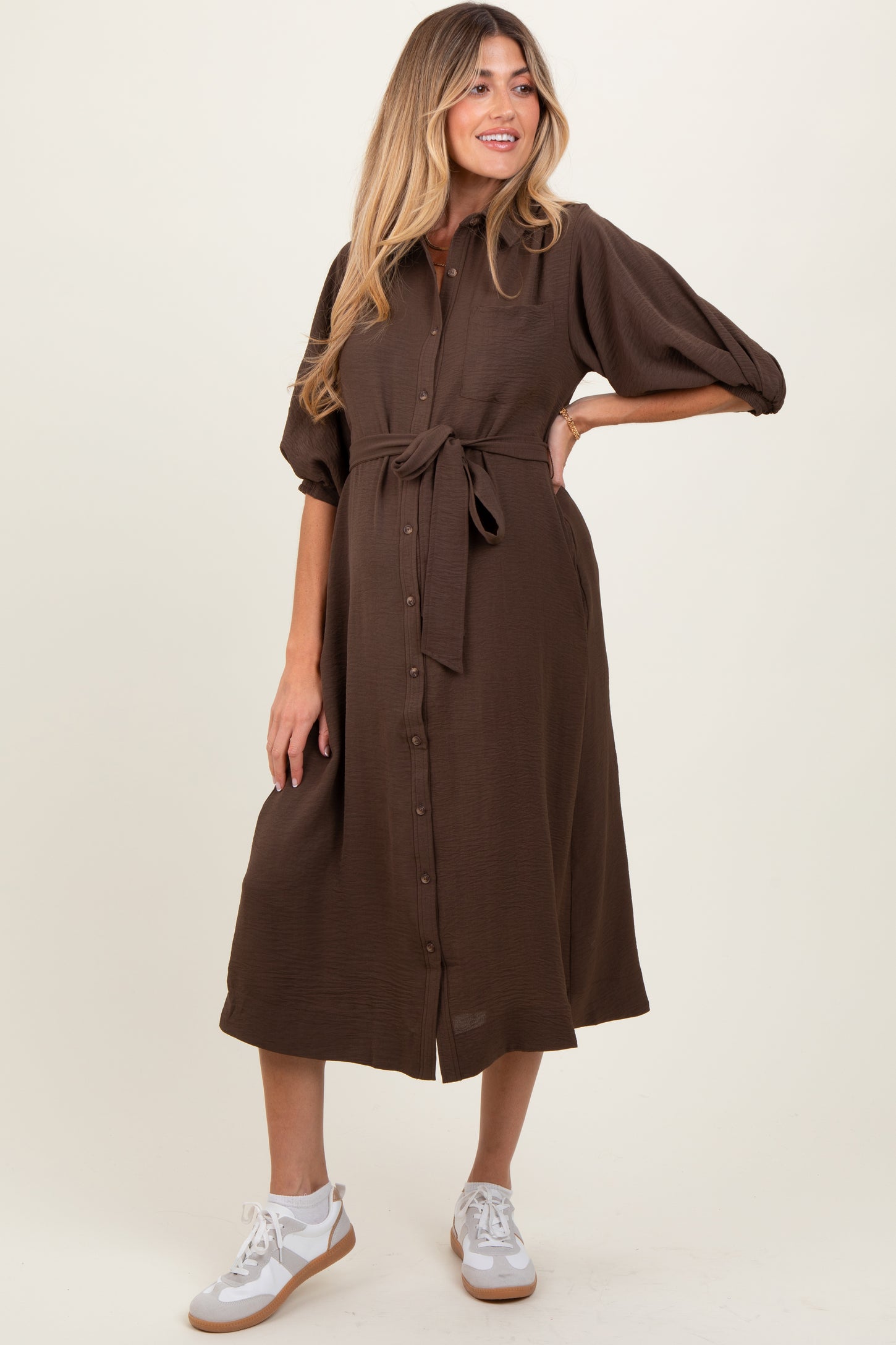 maternity midi shirt dress Brown Sash Tie Maternity Midi Shirt Dress