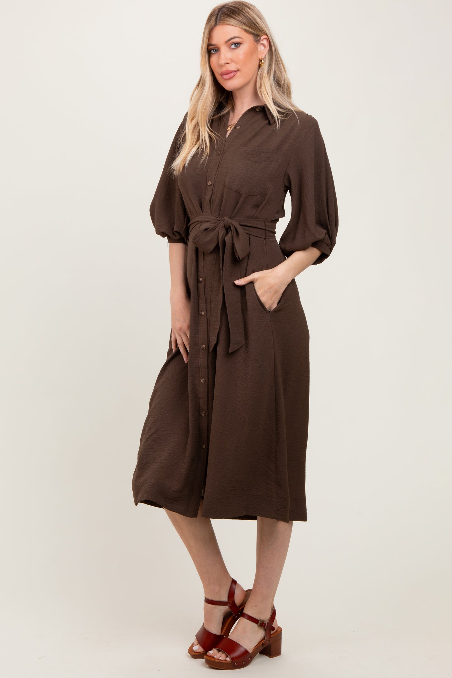 Brown Sash Tie Midi Shirt Dress Brown Sash Tie Midi Shirt Dress