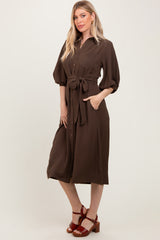Brown Sash Tie Midi Shirt Dress