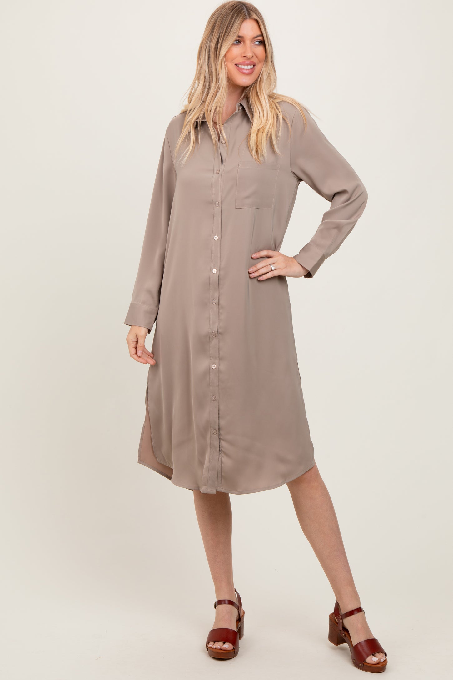 Light Taupe Long Sleeve Maternity Midi Shirt Dress