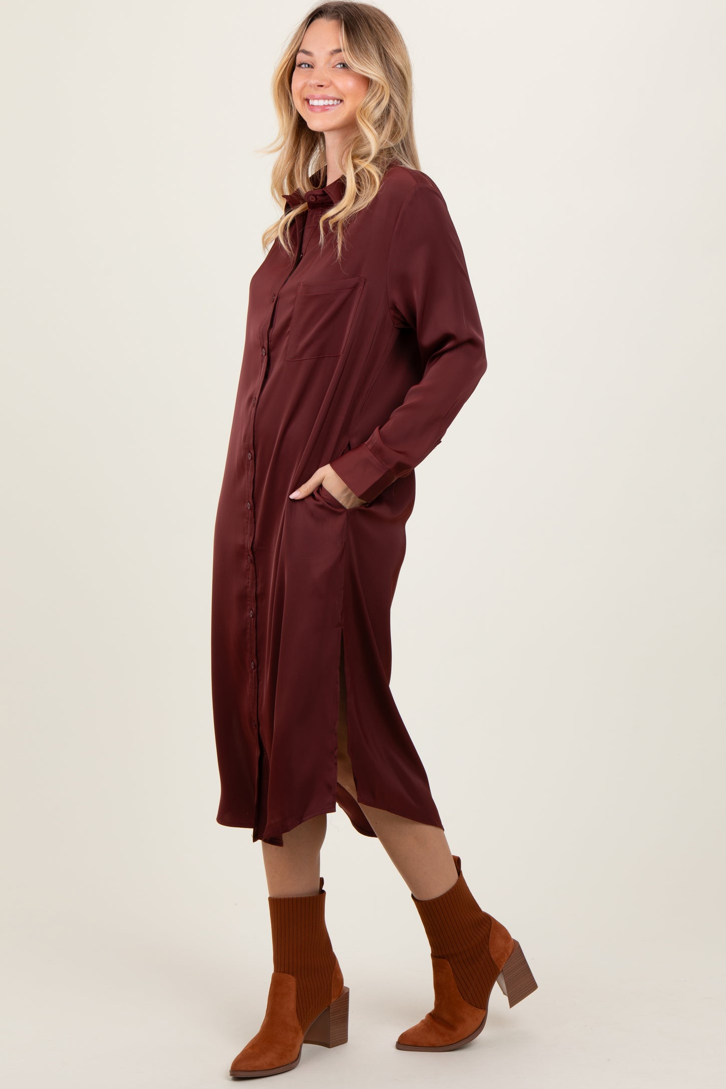 rust long sleeve midi dress Rust Long Puff Sleeve V Neck Smocked Tiered Midi Dress