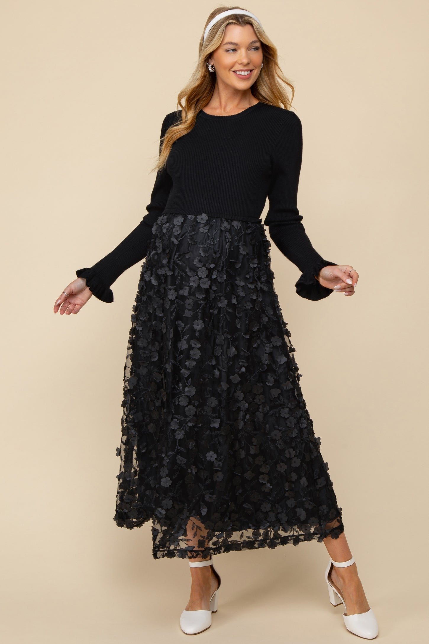 black floral applique dress Black Floral Applique Contrast Skirt Maternity Midi Dress – PinkBlush