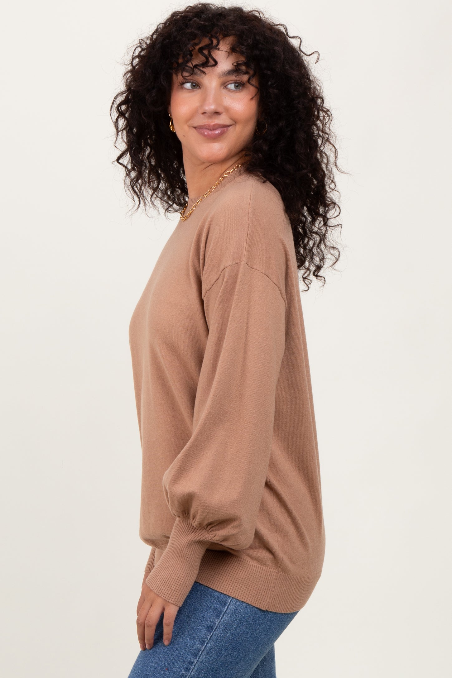 Mocha Fine Knit Balloon Sleeve Sweater