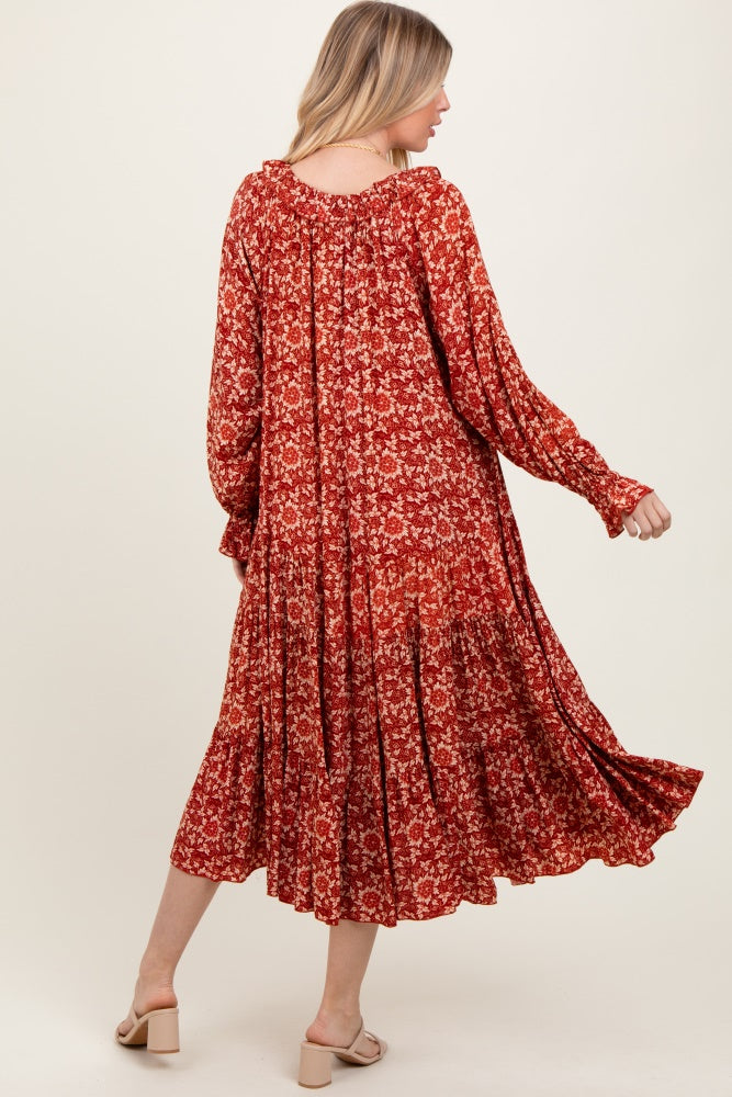 Burgundy Floral Tie Neckline Tiered Maxi Dress PinkBlush Burgundy Floral Tie Neckline Tiered Maxi Dress PinkBlush