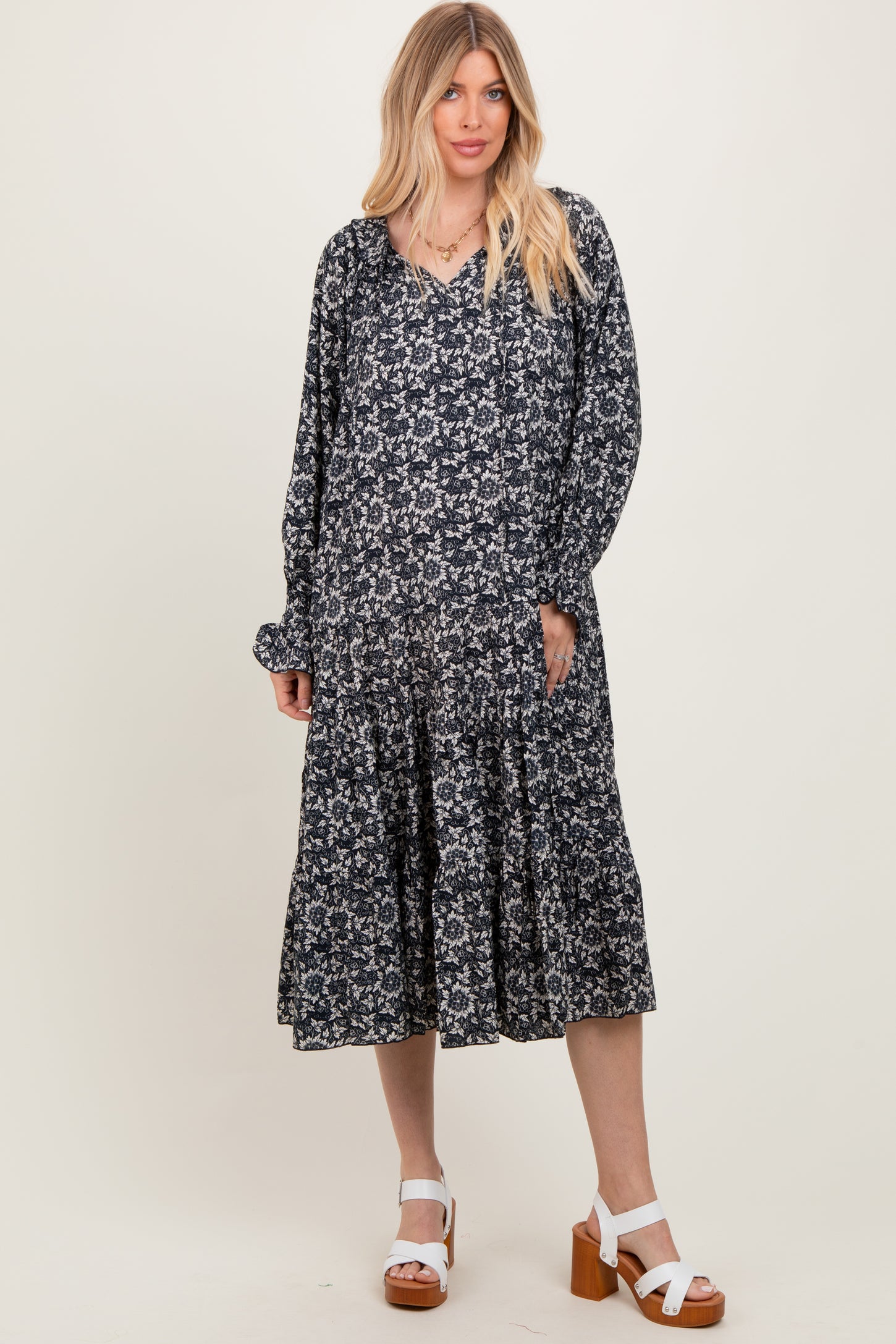 Navy Blue Floral Tie Neckline Tiered Maternity Maxi Dress