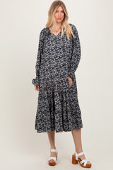 Navy Blue Floral Tie Neckline Tiered Maxi Dress