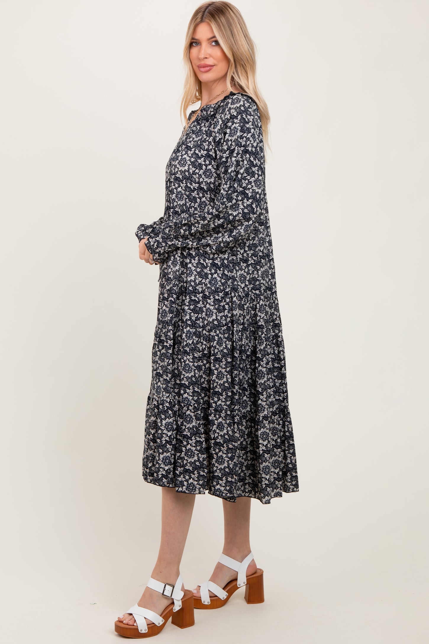 Navy Blue Floral Tie Neckline Tiered Maxi Dress