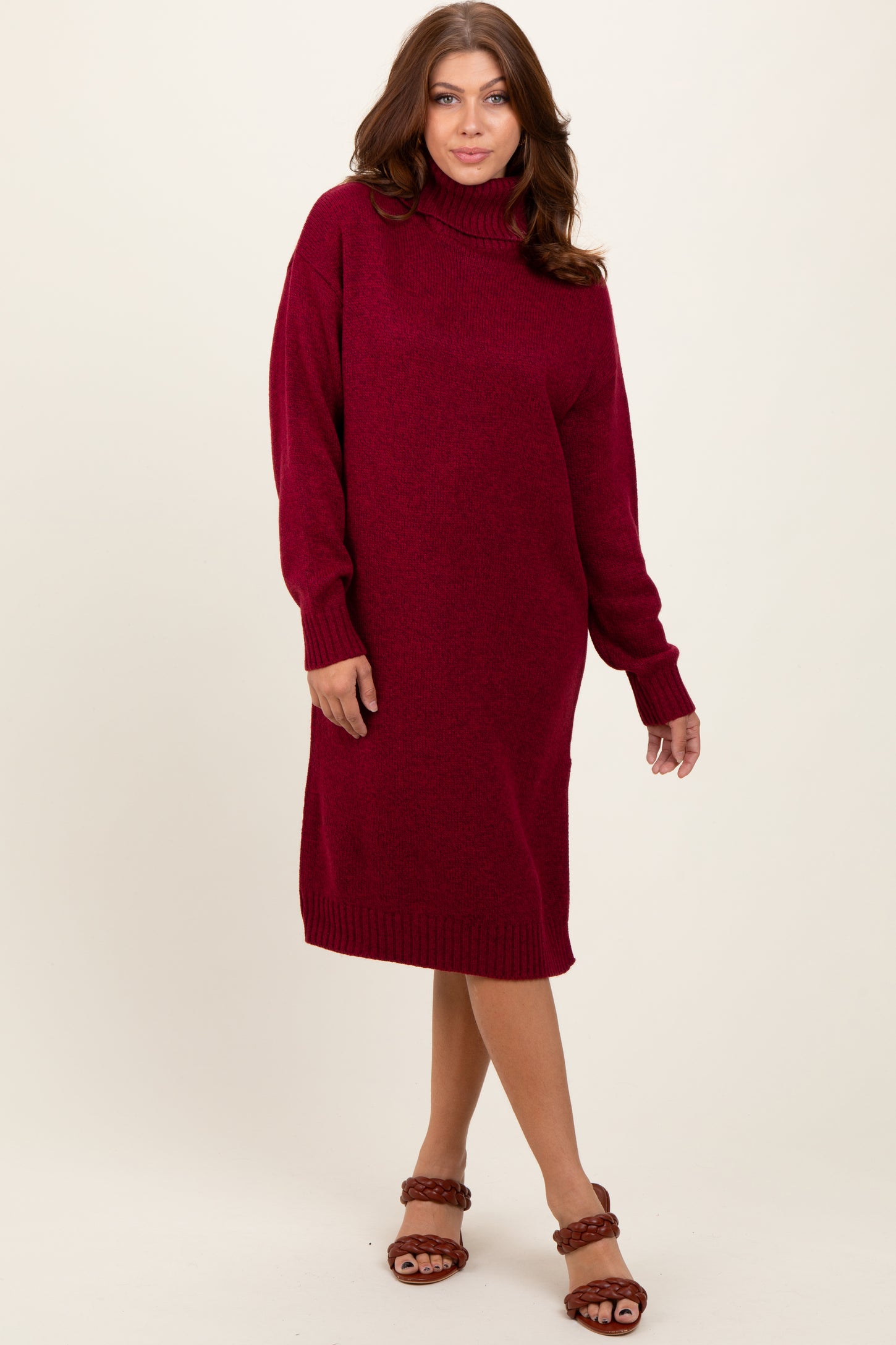 Burgundy Turtleneck Side Slit Midi Sweater Dress PinkBlush Burgundy Turtleneck Side Slit Midi Sweater Dress PinkBlush