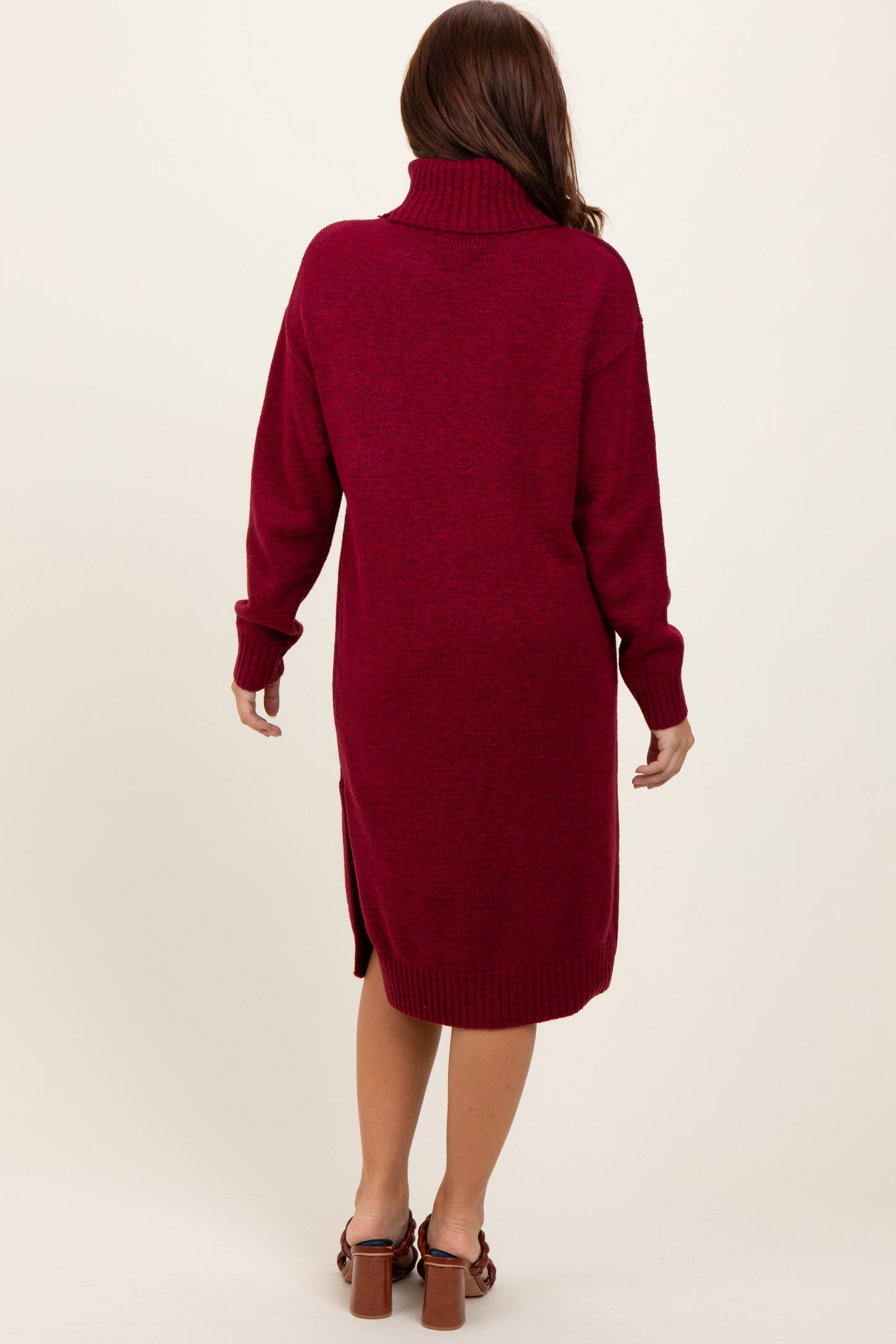Burgundy Turtleneck Side Slit Midi Sweater Dress Burgundy Turtleneck Side Slit Midi Sweater Dress