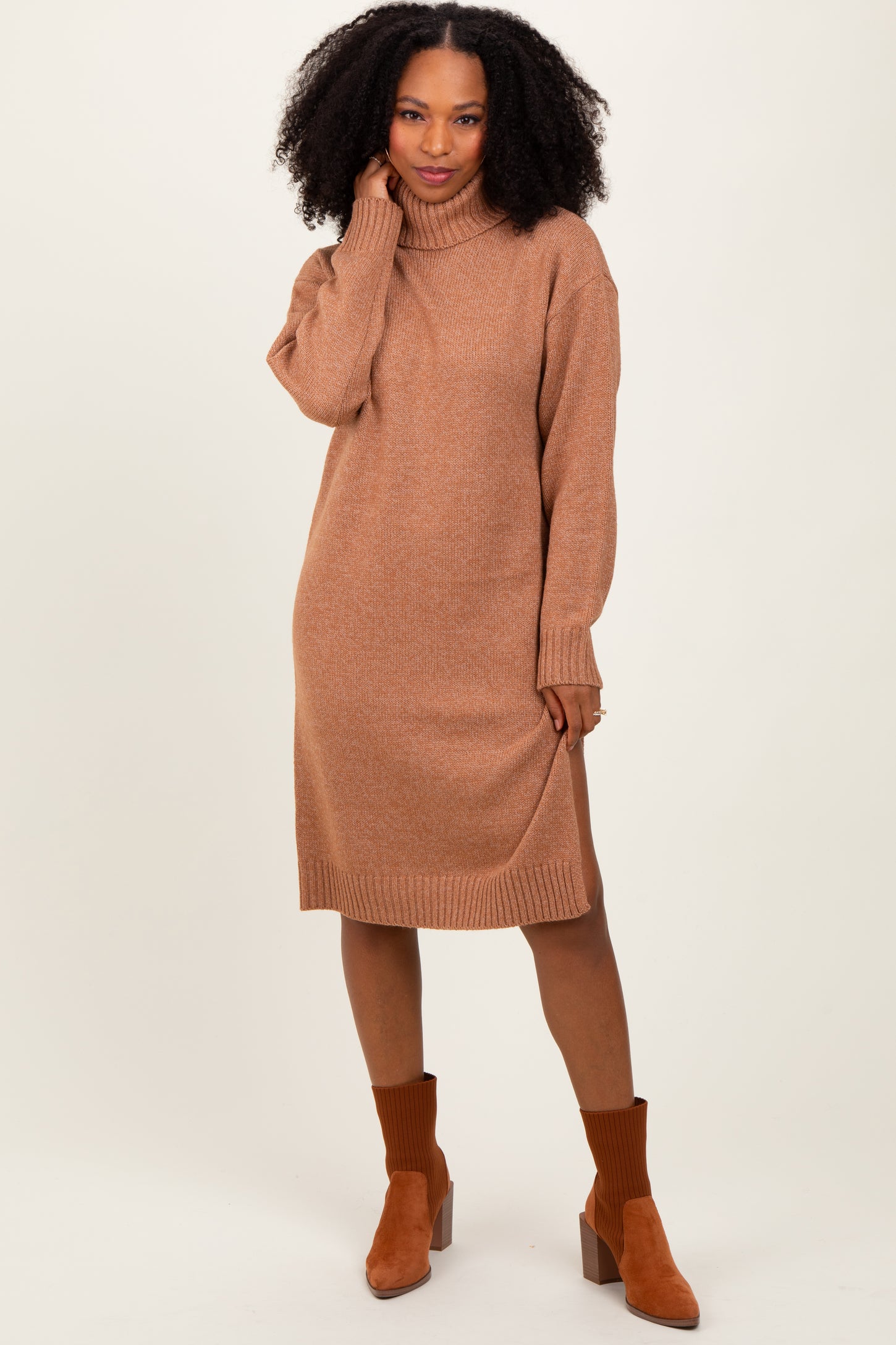 Camel Turtleneck Side Slit Midi Sweater Dress Camel Turtleneck Side Slit Midi Sweater Dress
