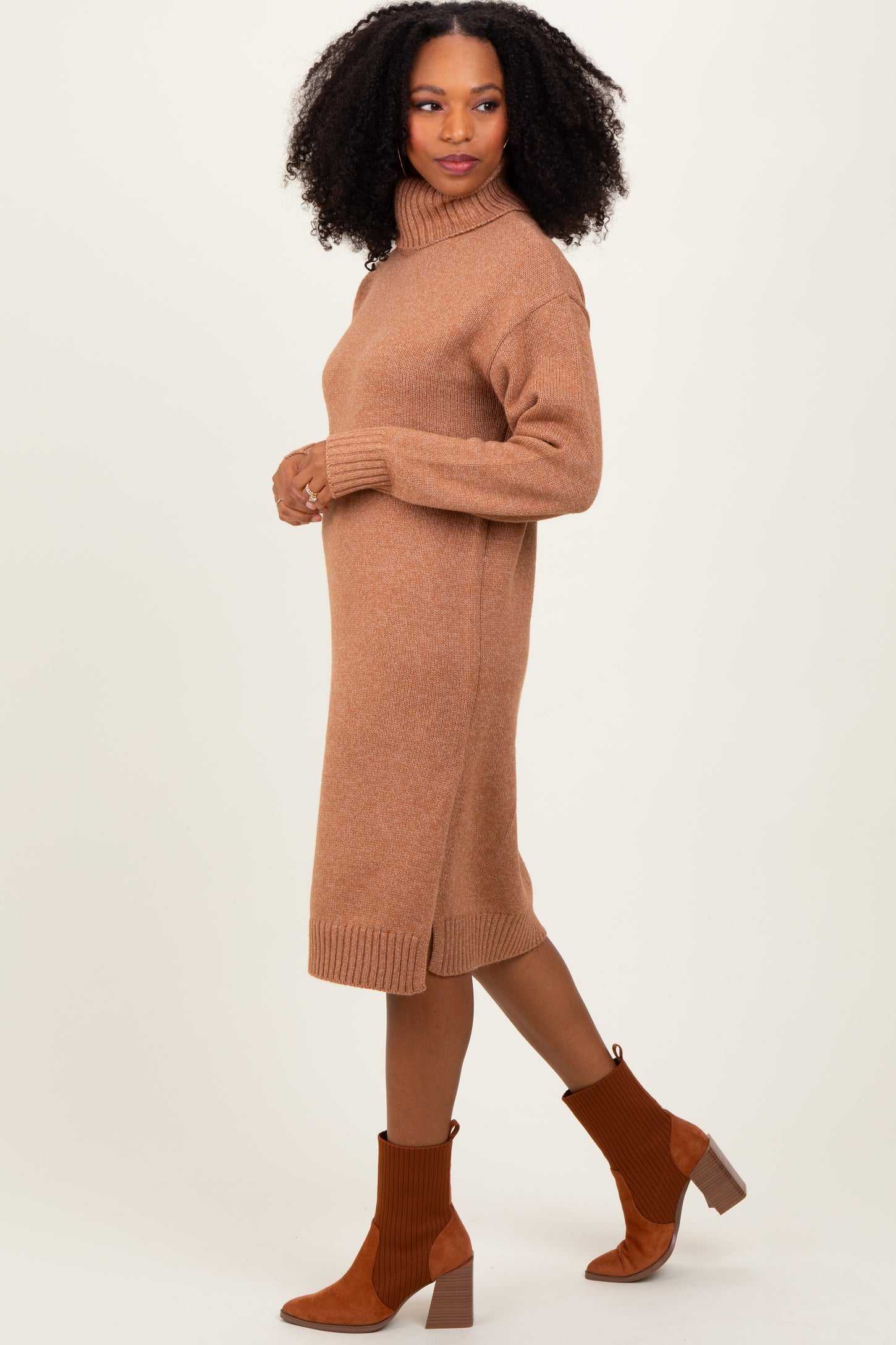 Camel Turtleneck Side Slit Midi Sweater Dress – PinkBlush