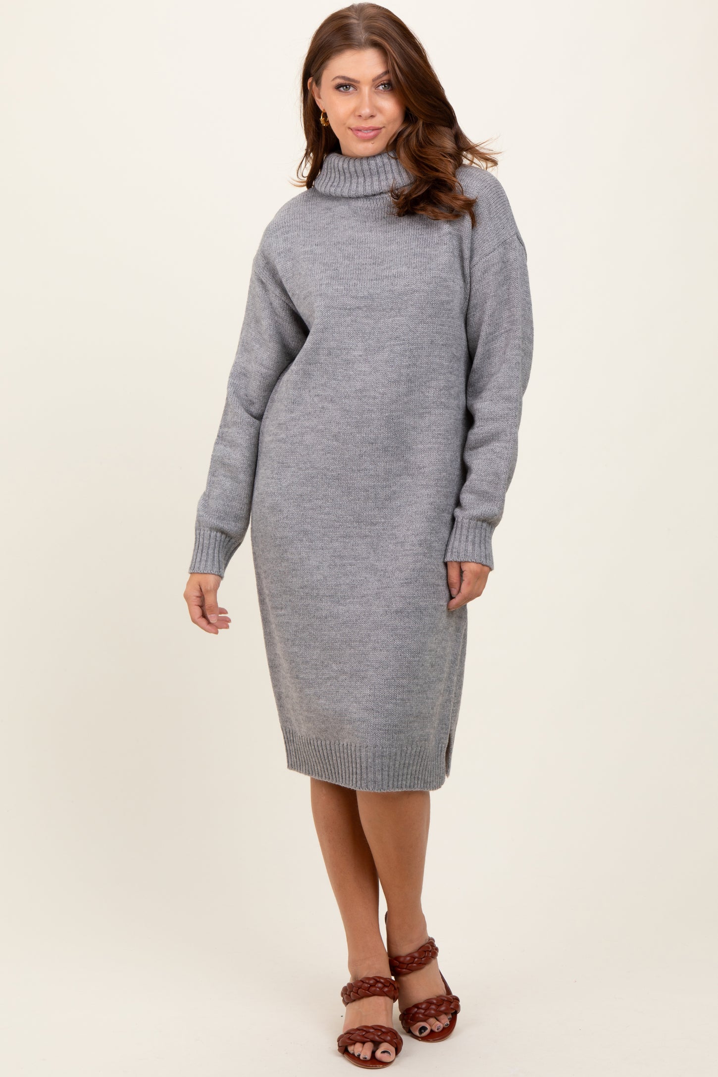 Heather Grey Turtleneck Side Slit Midi Sweater Dress – PinkBlush