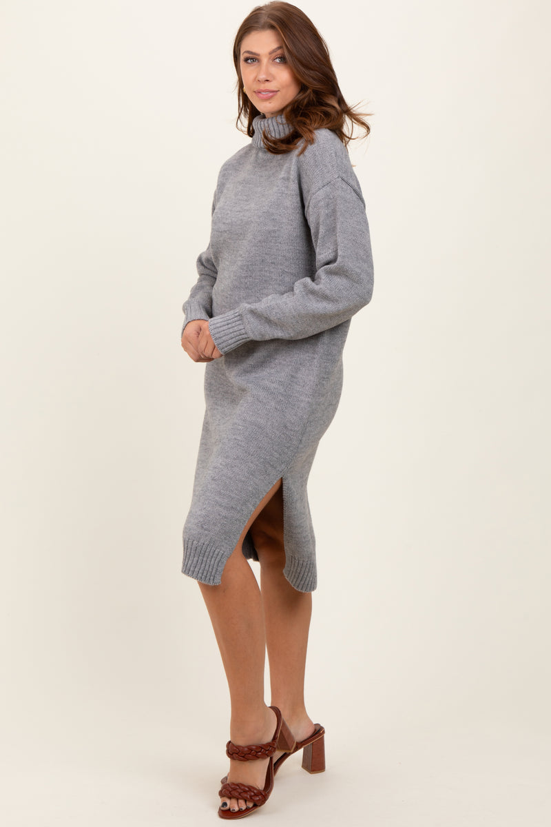 knit turtleneck sweater long bell sleeve slit midi dresses Heather Grey Turtleneck Side Slit Midi Sweater Dress