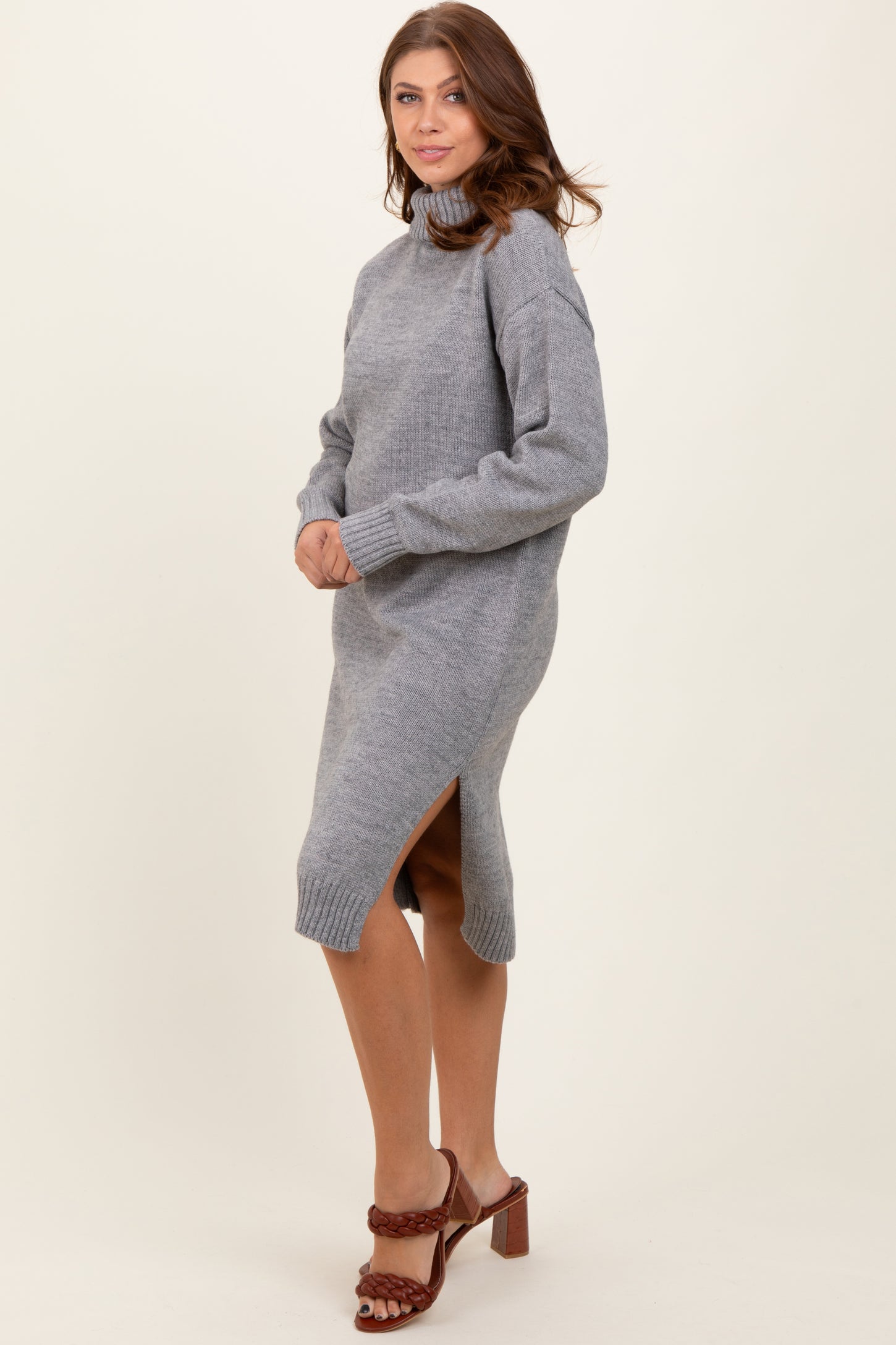 Heather Grey Turtleneck Side Slit Midi Sweater Dress Heather Grey Turtleneck Side Slit Midi Sweater Dress