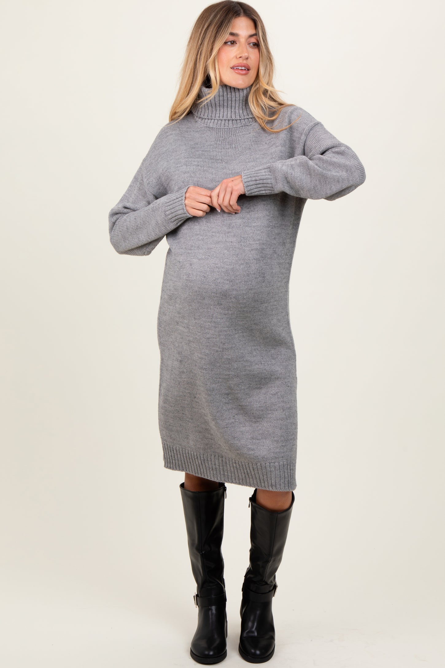 Heather Grey Turtleneck Side Slit Maternity Midi Sweater Dress Heather Grey Turtleneck Side Slit Maternity Midi Sweater Dress