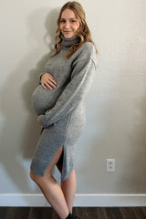 Heather Grey Turtleneck Side Slit Maternity Midi Sweater Dress