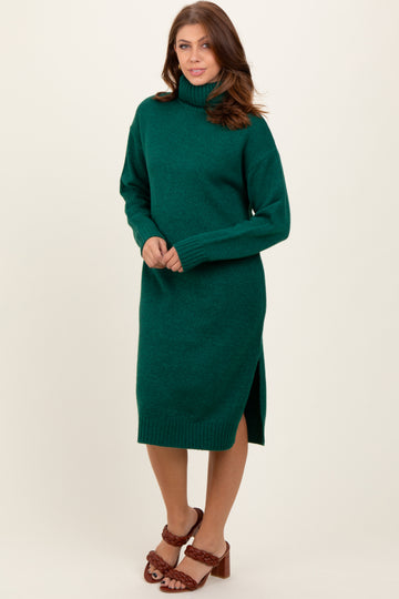 Forest Green Turtleneck Side Slit Midi Sweater Dress