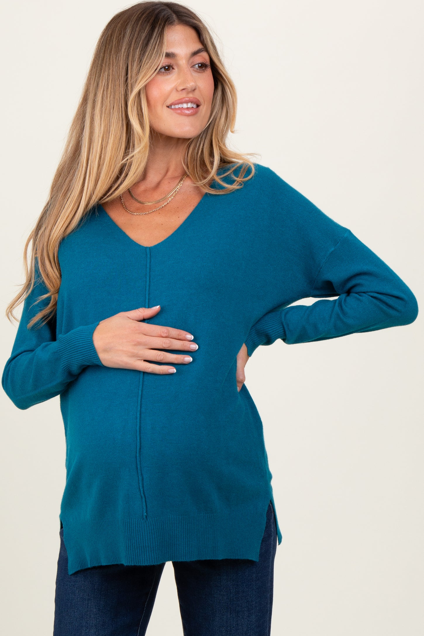 Teal Front Seam V-Neck Side Slit Maternity Sweater