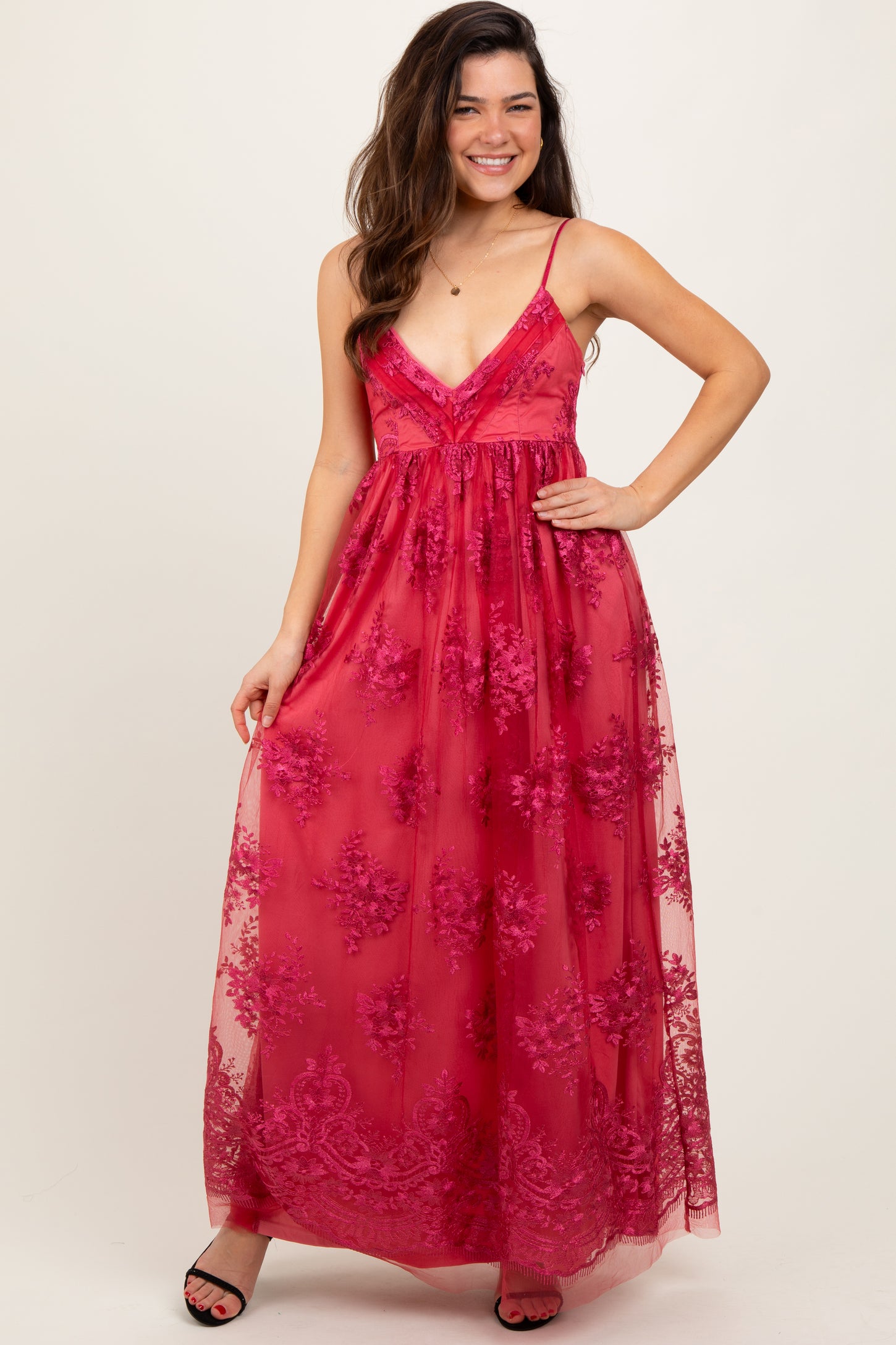 Red Floral Lace Overlay Maxi Dress – PinkBlush