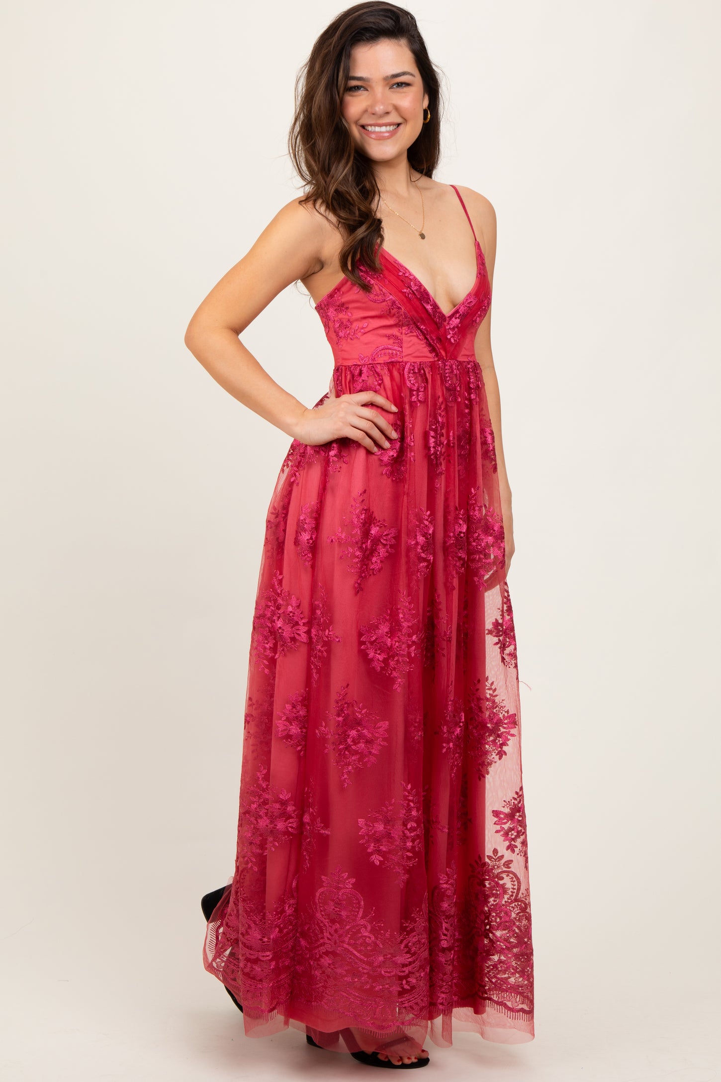 Red Floral Lace Overlay Maxi Dress PinkBlush Red Floral Lace Overlay Maxi Dress PinkBlush