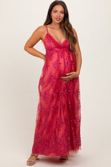 Red Floral Lace Overlay Maternity Maxi Dress