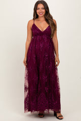 Plum Floral Lace Overlay Maternity Maxi Dress