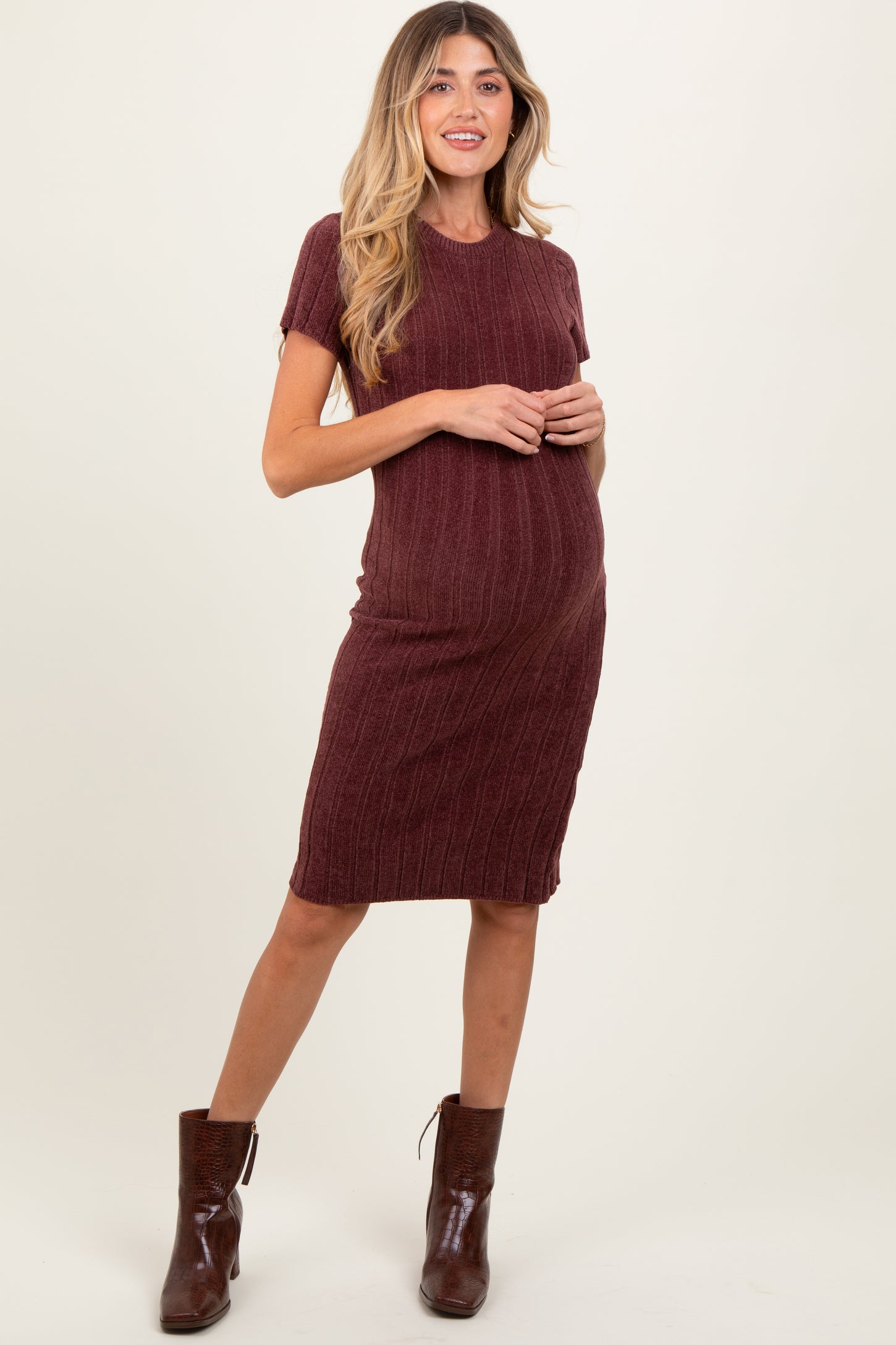Brown Chenille Knit Short Sleeve Maternity Sweater Dress – PinkBlush