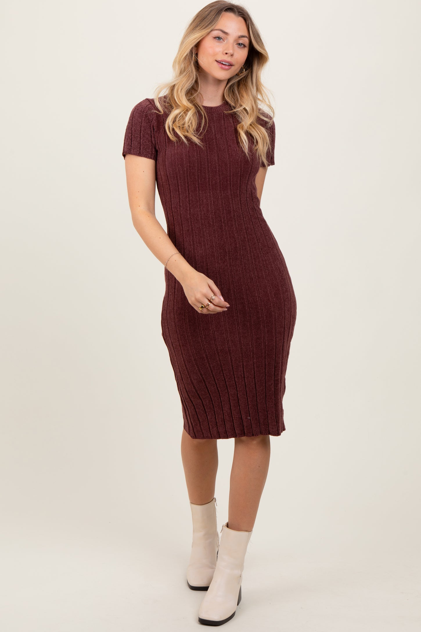 Brown Chenille Knit Short Sleeve Sweater Dress PinkBlush Brown Chenille Knit Short Sleeve Sweater Dress PinkBlush