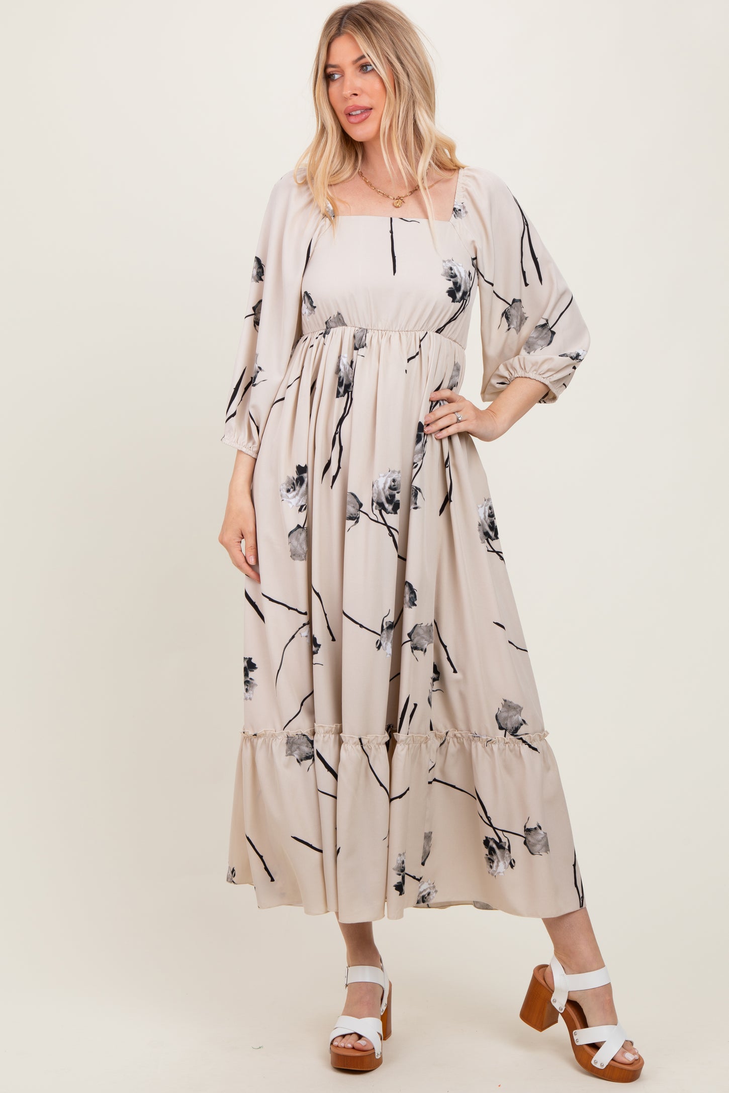 Cream Floral Square Neck Maternity Midi Dress