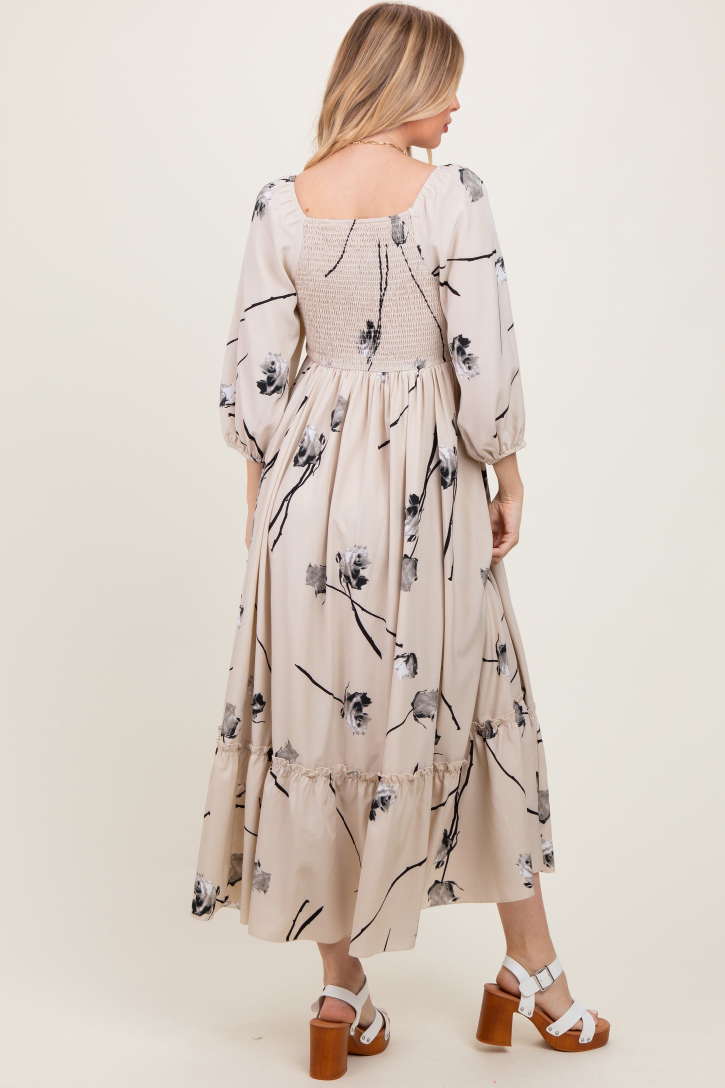 Cream Floral Square Neck Midi Dress