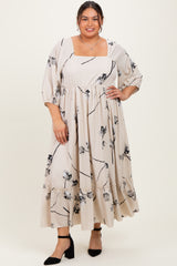 Cream Floral Square Neck Plus Midi Dress