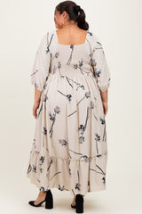 Cream Floral Square Neck Plus Midi Dress