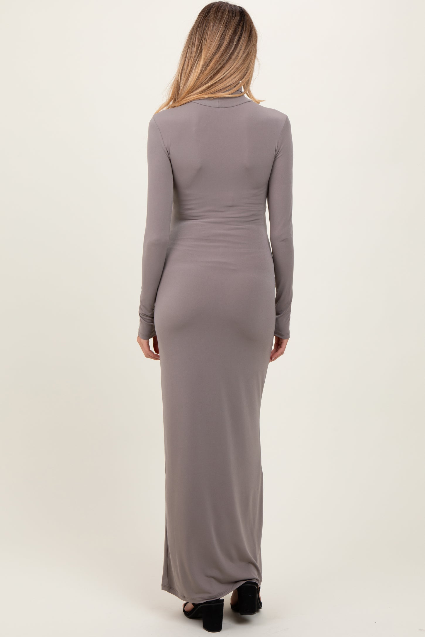 Taupe Turtleneck Long Sleeve Fitted Maternity Maxi Dress