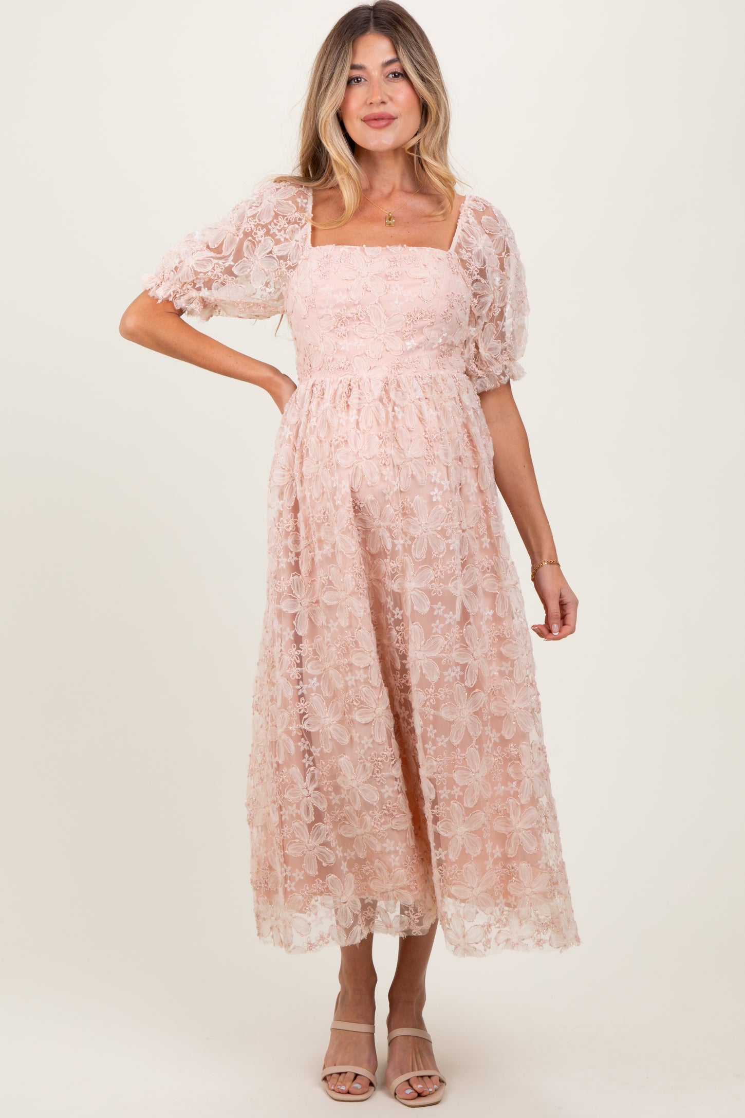 Light Pink Floral Mesh Overlay Tie Back Maternity Midi Dress Light Pink Floral Mesh Overlay Tie Back Maternity Midi Dress