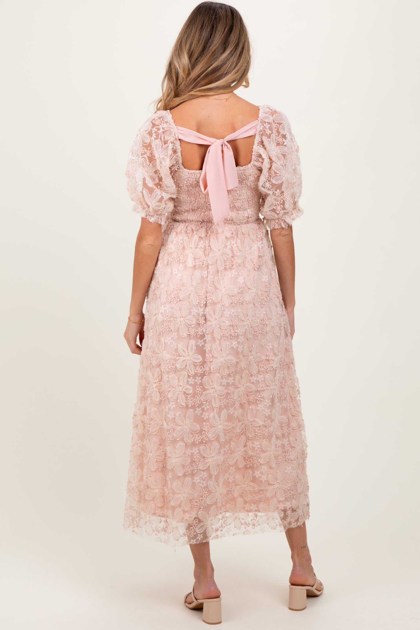Light Pink Floral Mesh Overlay Tie Back Maternity Midi Dress Light Pink Floral Mesh Overlay Tie Back Maternity Midi Dress