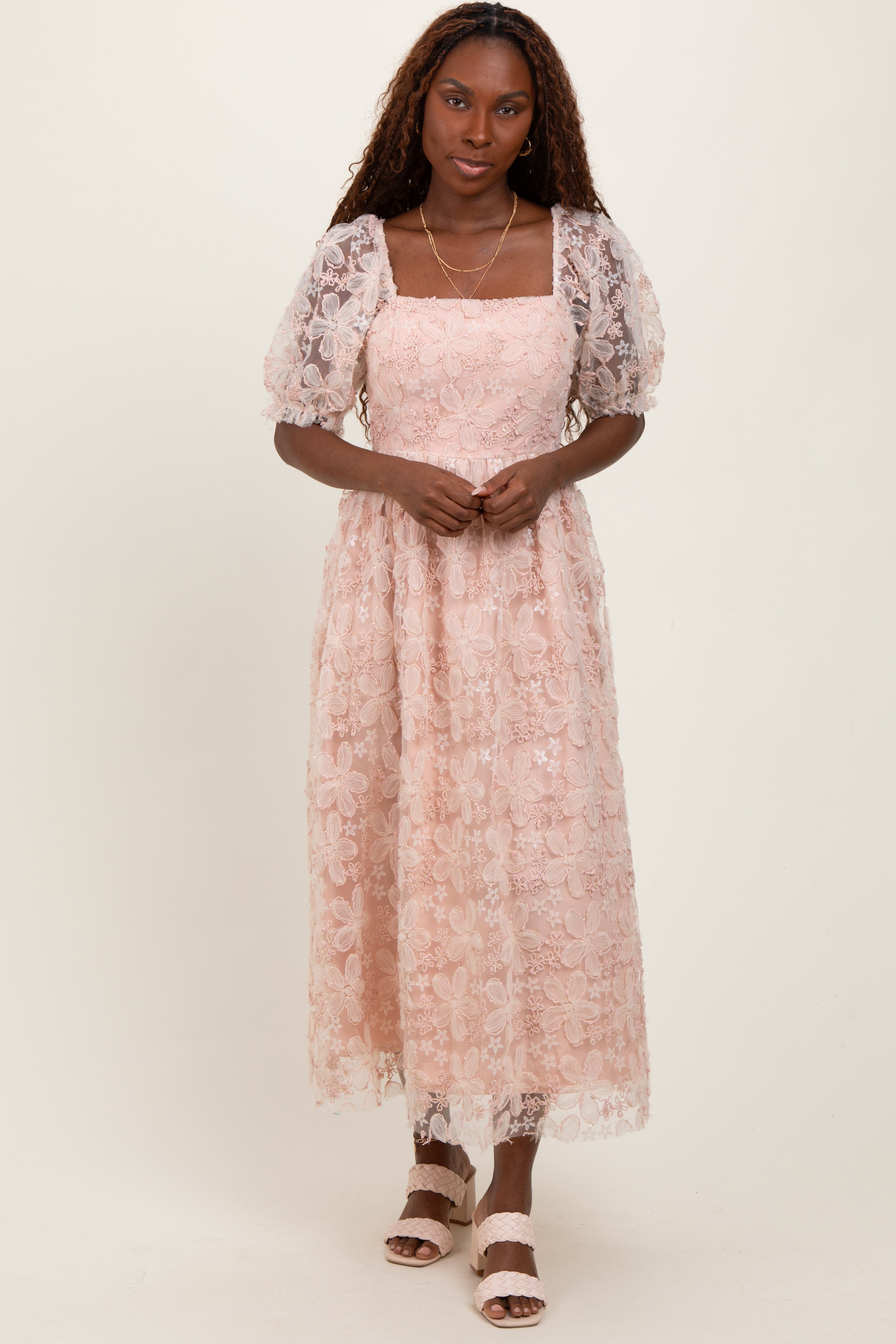 Light Pink Floral Mesh Overlay Tie Back Midi Dress  PinkBlush
