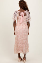 Light Pink Floral Mesh Overlay Tie Back Midi Dress