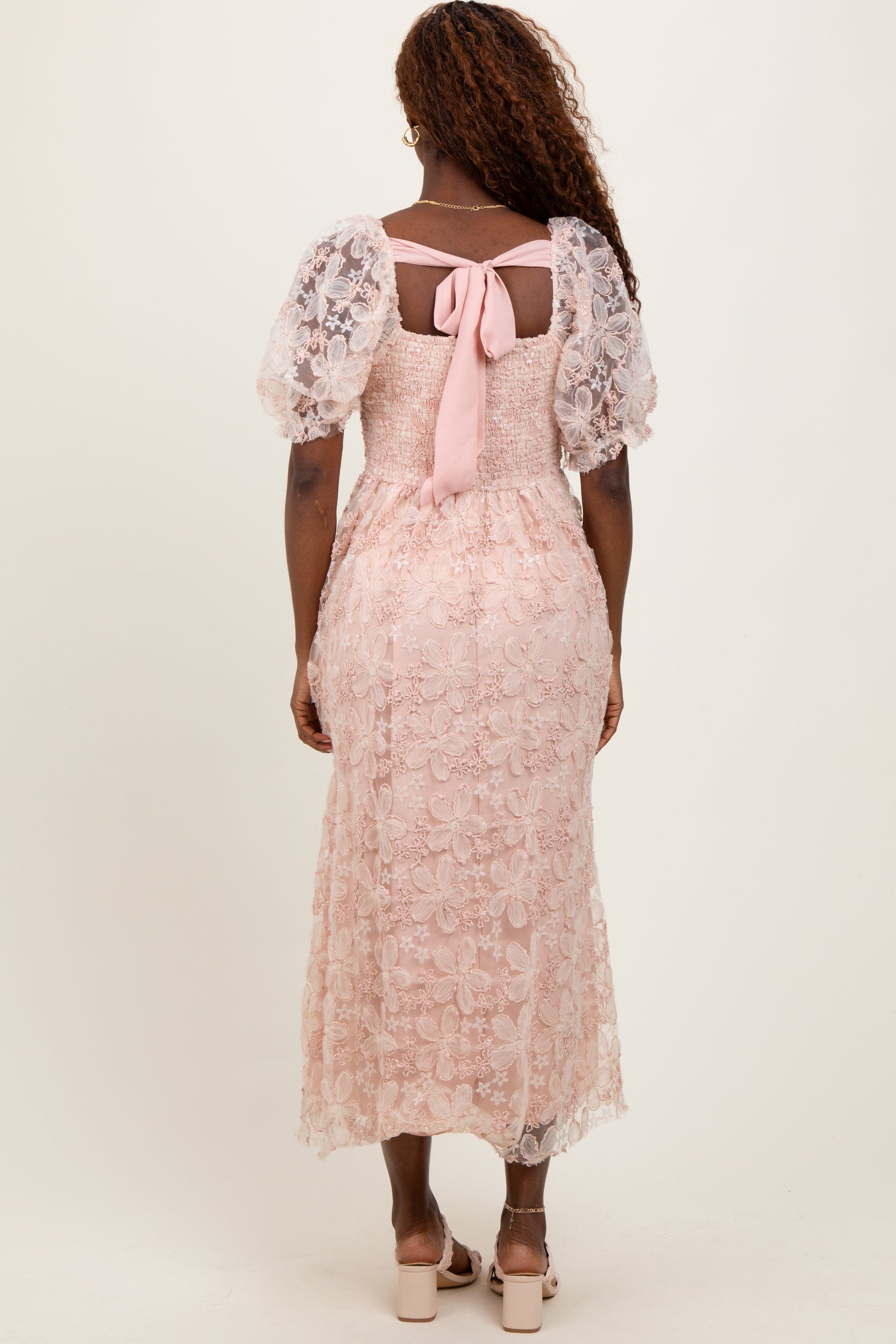 Light Pink Floral Mesh Overlay Tie Back Midi Dress Light Pink Floral Mesh Overlay Tie Back Midi Dress