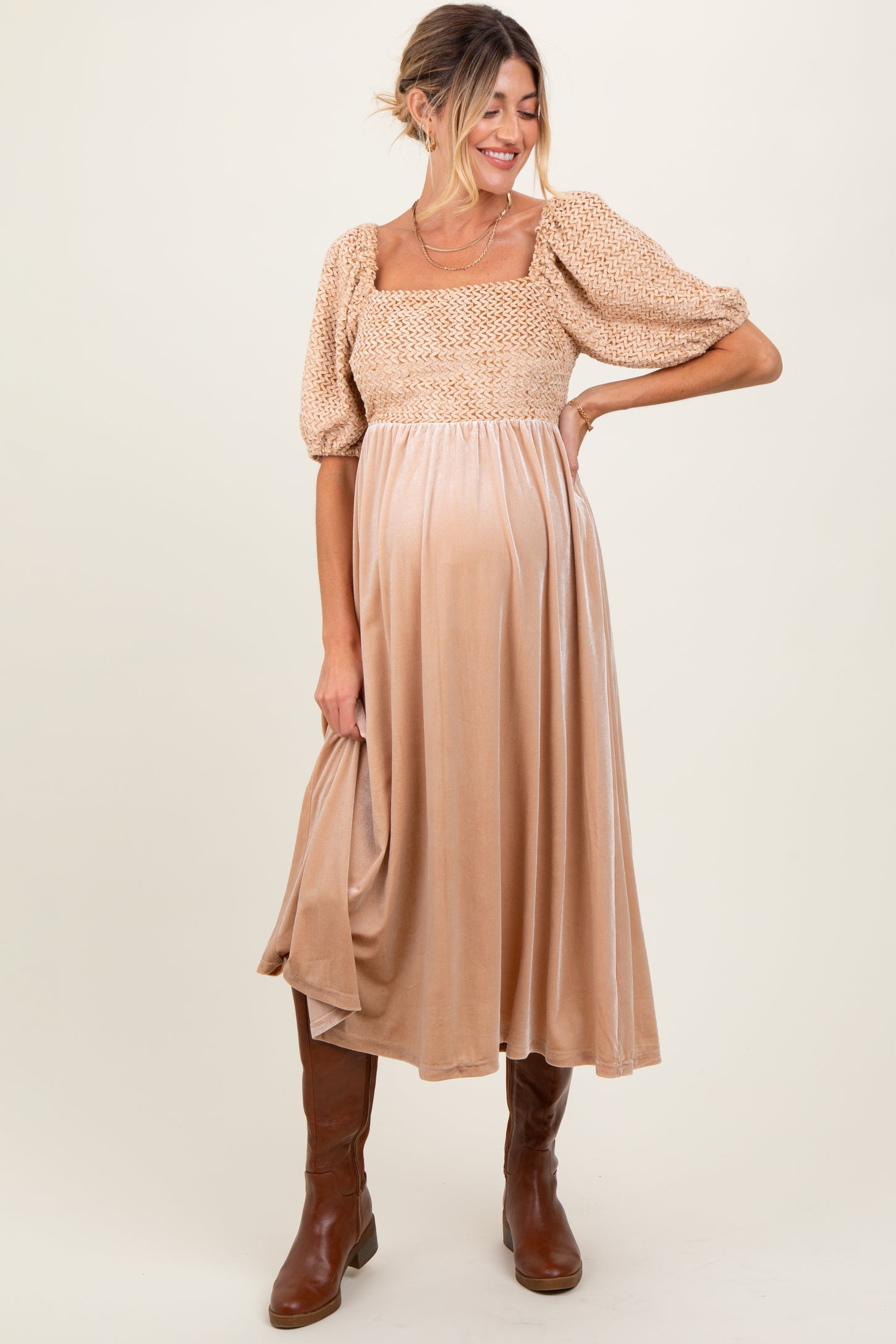 Tan Velvet Contrast Square Neck Maternity Midi Dress